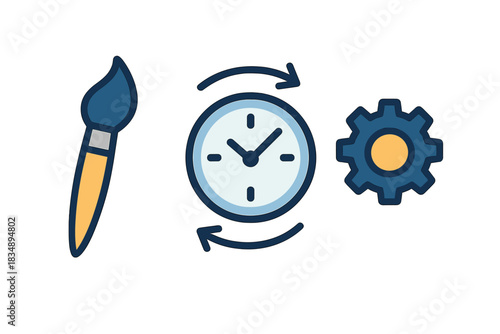 Creative process management symbols with paintbrush, rotating clock, and mechanical gear