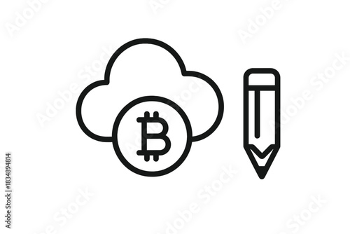 Bitcoin symbol, pencil, and cloud icon representing cryptocurrency editing and secure digital storage