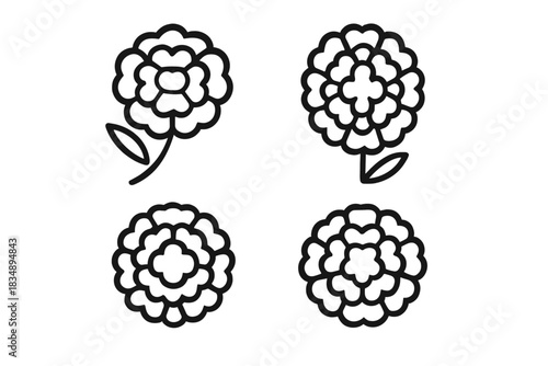 Four stylized marigold or chrysanthemum flower heads in clean outline for decoration