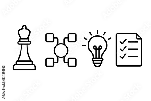 Business strategy planning concepts shown by chess piece, flow chart, light bulb, and checklist