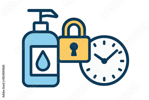 Essential hygiene and safety protocol symbols featuring sanitizer, lock, and clock
