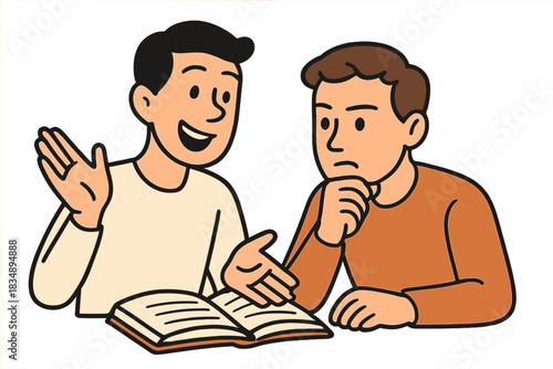 Two young men studying together, one explaining concepts from an open book