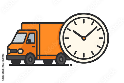 Orange delivery van parked next to a large analog clock face symbolizing fast shipping service