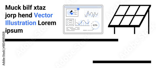 Renewable energy, data analysis, solar energy, sustainability, green technology, environmental solutions. Digital dashboard with charts next to a solar panel graphic. Renewable energy and data