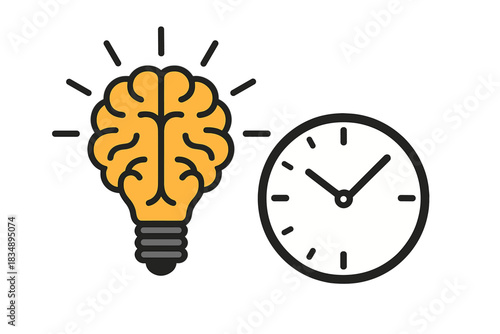 Conceptual graphic showing brain lightbulb next to clock symbolizing time management, creativity, and deadlines