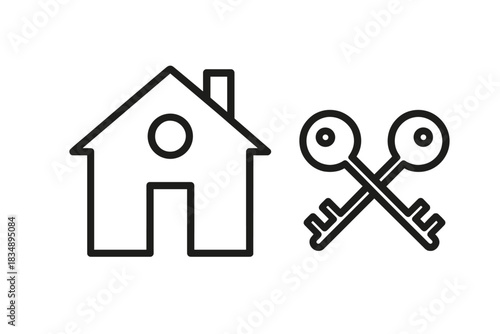 Outline drawing of a house and two crossed keys symbolizing real estate and home security