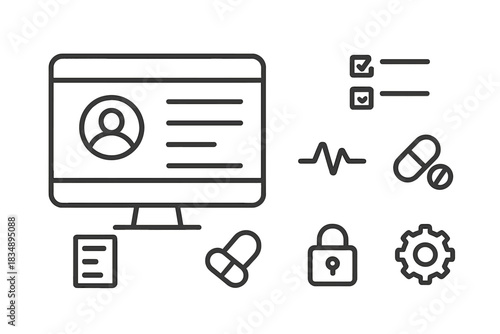 Outline symbols for digital healthcare data management and secure medical record systems