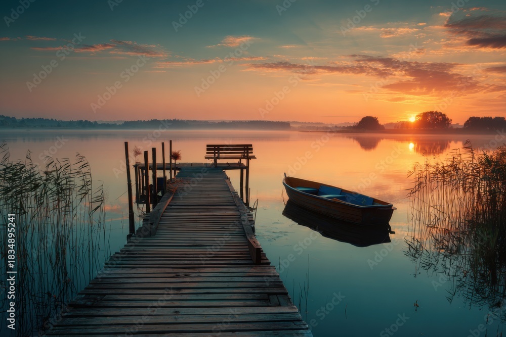 Obraz premium Wooden pier stretches over tranquil lake at sunset, creating a serene summer scene with a boat gently floating in calm waters and warm hues painting the sky