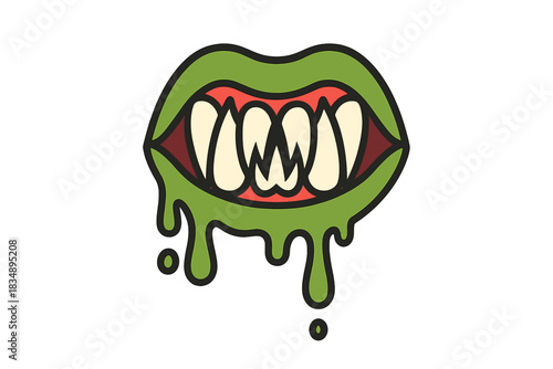 Creepy cartoon monster mouth with sharp fangs and dripping green slime