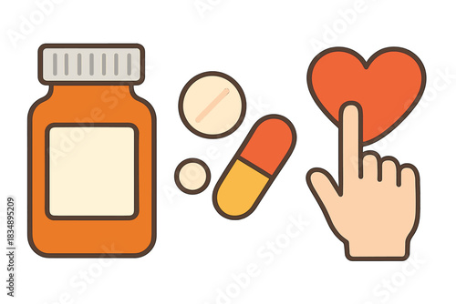 Hand selecting heart icon near medication bottle and capsules for online health service