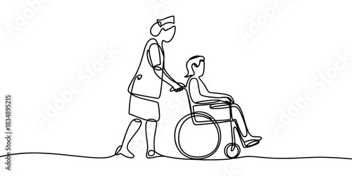 a nurse pushing a patient in a wheelchair, symbolizing healthcare support, caregiving, medical assistance, and recovery.