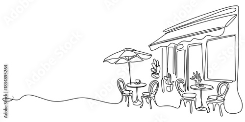 an outdoor café with tables, chairs, and umbrella, ideal for themes like dining, lifestyle, relaxation, and street scenes.