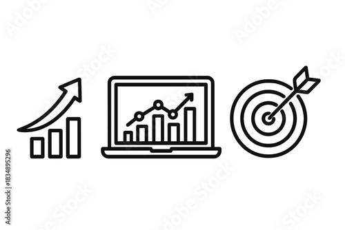 Business success icons showing financial growth, data analysis, and marketing targets achievement