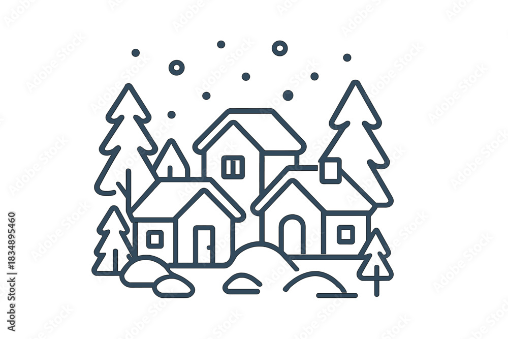 Fototapeta premium Minimalist winter village scene with houses, pine trees, and falling snow