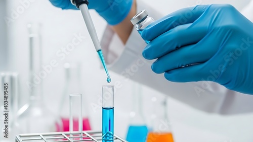 Scientist carefully adds blue liquid to a test tube in a laboratory setting for medical research and pharmaceutical development with precision