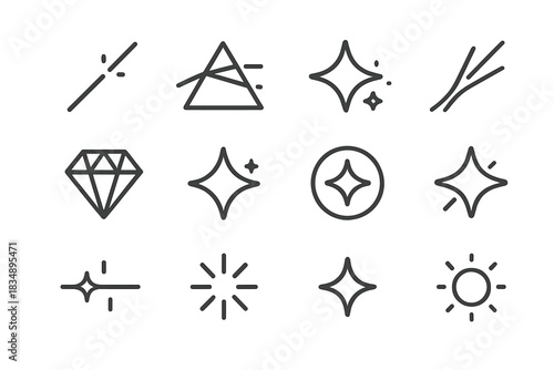 Minimalist line symbols representing sparkle shine light and brilliance effects