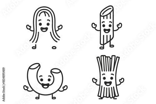 Cute cartoon pasta characters set with happy smiling faces and small arms