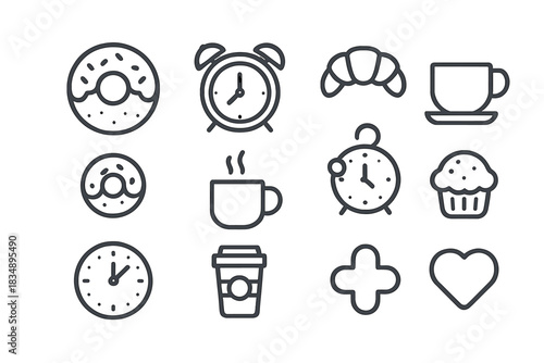Simple line symbols for breakfast food hot drinks and time management