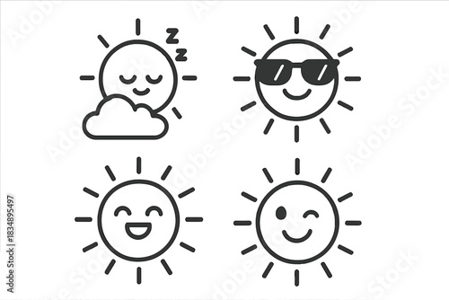 Collection of four outline sun symbols showing different weather and mood expressions