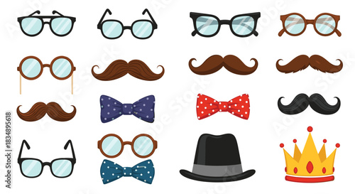 Collection of glasses mustaches bow ties hats and crowns.