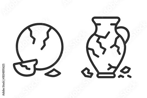 Set of symbols depicting a fractured orb and a damaged ancient ceramic vase artifact