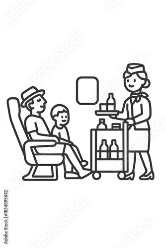 Flight attendant pushing a service cart down the aisle while serving drinks and snacks to airplane passengers