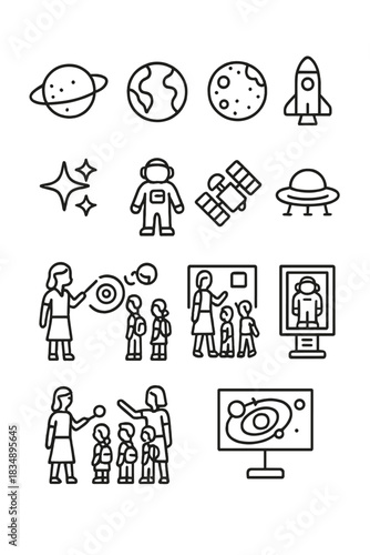 Space exploration and astronomy education symbols featuring planets, rockets, and astronauts