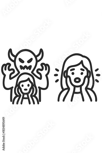 Woman experiencing fear and anxiety with monster shadow looming and second woman in shock