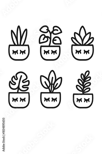 Collection of six cute potted houseplants with sleeping faces in minimalist line art