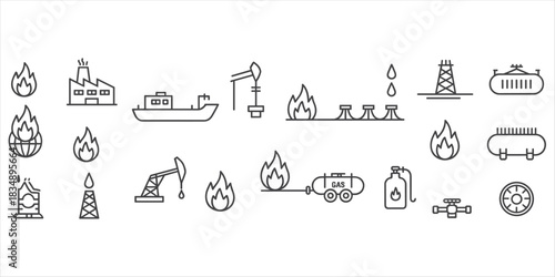 Line art icons related to oil and gas industry with flames and equipment energy fuel