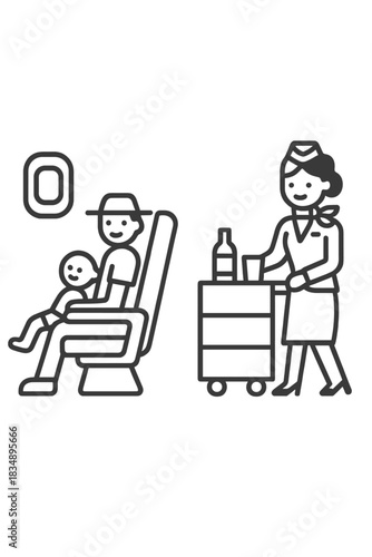 Cabin crew serving drinks from a cart to a passenger holding a baby during air travel