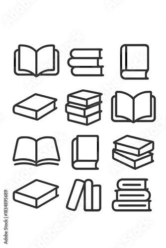 Minimalist icons set of open and closed books and reading material stacks