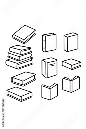 Minimalist outline icons of various books and stacked literature symbols