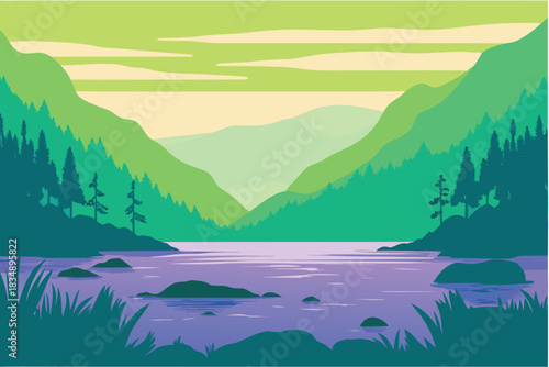 serene landscape featuring green mountains a calm lake and stylized trees high quality