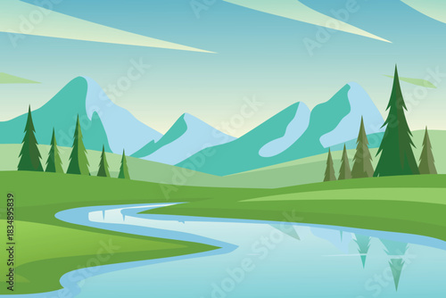 a tranquil landscape featuring green mountains a river and pine trees high quality