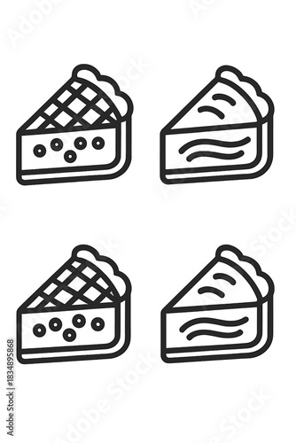 Minimalist outline drawing of four different slices of sweet baked dessert pie
