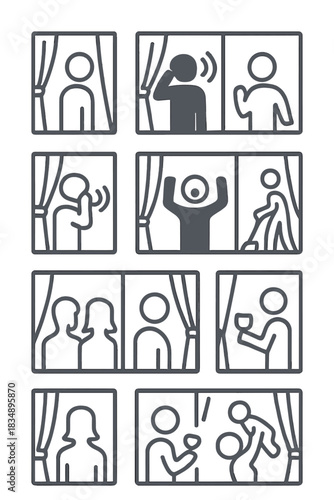 Neighbors engaging in daily activities like talking, cleaning, and relaxing seen through apartment