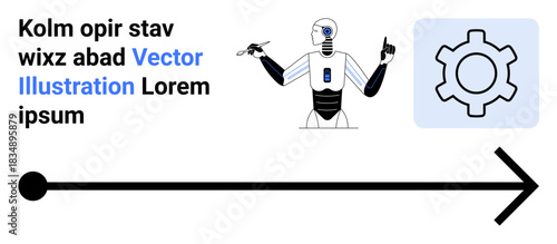 Robot with technological features gesturing hands, gear icon, and bold arrow signifying progress, innovation, and direction. Ideal for technology trends, automation, AI, robotics progress