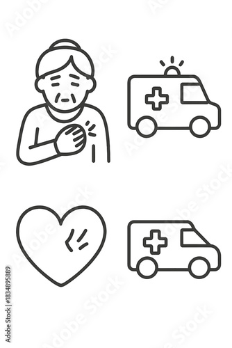 Medical icons for heart attack symptoms, chest pain, and emergency services