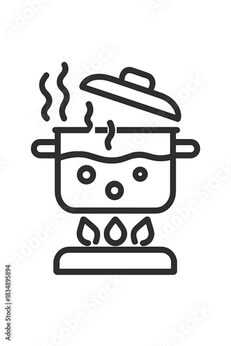 Cooking pot boiling water on a stove burner with steam rising from the open lid