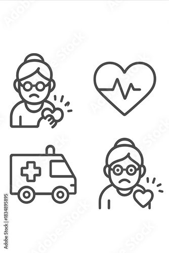 Symptoms of cardiac emergency, heart attack, and monitoring via ECG heartbeat and ambulance