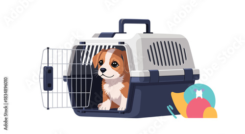Cute puppy inside a pet carrier ready for travel.