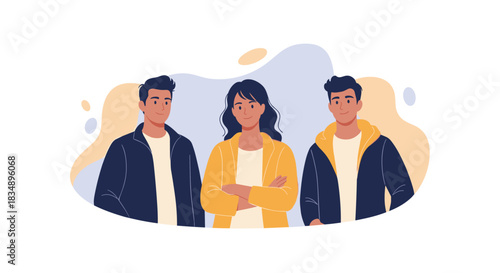 Group of three people standing together looking at camera.