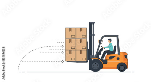 Forklift transporting boxes warehouse logistics industrial operations delivery service.