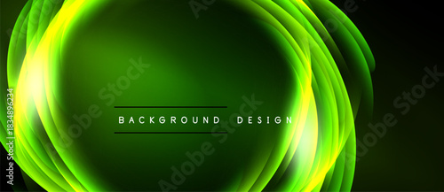Abstract green light layers create dynamic, flowing banner. Modern design with text overlay, suitable for backgrounds.