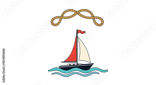 Sailboat on the water with a red sail and a rope above it.
