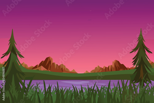 A vibrant landscape featuring silhouetted trees mountains and a tranquil river high quality