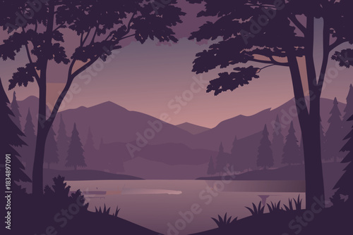 A serene landscape featuring mountains trees and a calm lake at dusk