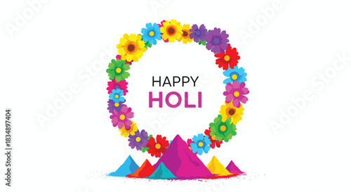 Colorful Holi Festival Celebration with Floral Wreath and Mountains.