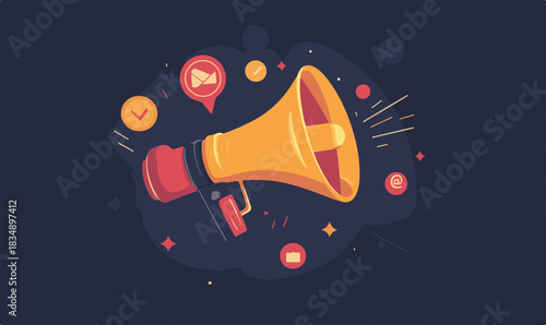 Vibrant flat design illustration of a megaphone for communication promotion